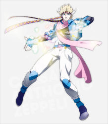 Rule 34 | 1boy, bad id, bad pixiv id, battle tendency, belt, blonde hair, blue jacket, boots, caesar anthonio zeppeli, character name, cropped jacket, electricity, feathers, fighting stance, fingerless gloves, full body, gloves, green eyes, grey background, head wings, headband, jacket, jojo no kimyou na bouken, knee pads, male focus, pants, ribbon, scarf, simple background, solo, sumizuki, white pants, wings