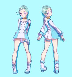 Rule 34 | 1girl, absurdres, arms at sides, arms behind back, blue background, blue dress, blue hair, blue nails, bomhat, boots, buttons, closed mouth, collar, commentary, dress, eureka (eureka seven), eureka seven, eureka seven (series), full body, hair ornament, hairclip, highres, light blush, long sleeves, looking at viewer, multiple views, nail polish, pouch, purple eyes, shadow, short hair, simple background, skindentation, smile, thigh pouch, thigh strap, two-tone dress, white dress, white footwear