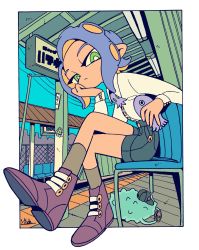 Rule 34 | 1girl, animal, beach, black legwear, black shorts, blue hair, blue sky, border, breasts, brown footwear, buttons, chair, closed mouth, coin, from below, frown, green eyes, hand on own head, hat, highres, holding, holding animal, jellyfish (splatoon), kanekoshake, long sleeves, looking at viewer, looking down, medium breasts, nintendo, octoling, octoling girl, octoling player character, outdoors, shirt, shoes, shorts, sitting, sky, socks, splatoon (series), splatoon 2, tentacle hair, train station, white border, white shirt, wooden floor