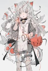 Rule 34 | 1girl, absurdres, aiamu iamu, animal ears, bell, cat ears, cat girl, clothing request, collar, curled fingers, fang, fish, fork, grey eyes, highres, looking at viewer, mouse (animal), neck bell, open mouth, original, simple background, solo, white background, white hair, yarn, yarn ball