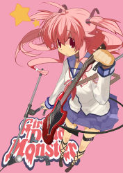 Rule 34 | 10s, 1girl, angel beats!, guitar, gun, instrument, long hair, microphone, microphone stand, perspective, pink eyes, pink hair, school uniform, serafuku, short twintails, solo, twintails, two side up, weapon, yui (angel beats!), yuuki (irodo rhythm)