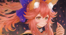 Rule 34 | 10s, 1girl, animal ears, artnohearts, blue ribbon, blush, bow, fate/extra, fate/extra ccc, fate/grand order, fate (series), fox ears, fox tail, hair bow, hair ribbon, petals, pink hair, ribbon, solo, tail, tamamo (fate), tamamo no mae (fate/extra), yellow eyes