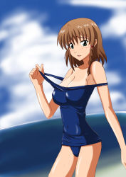 Rule 34 | 1990s (style), 1girl, aika (series), aika r-16, blush, breasts, cloud, covered erect nipples, cowboy shot, female focus, green eyes, muku, one-piece swimsuit, outdoors, retro artstyle, school swimsuit, short hair, sky, solo, standing, sumeragi aika, swimsuit