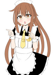 Rule 34 | 1girl, alternate costume, badge, black dress, brown eyes, brown hair, cowboy shot, crescent, crescent pin, dress, enmaided, frilled dress, frills, fumizuki (kancolle), highres, index fingers raised, junes, kantai collection, long hair, looking at viewer, maid, maid headdress, open mouth, simple background, solo, white background