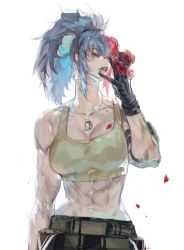 Rule 34 | 1girl, abs, absurdres, akame (chokydaum), bare shoulders, belt, black gloves, blue hair, breasts, cleavage, closed eyes, closed mouth, dog tags, earrings, flower, gloves, hand on own face, highres, jewelry, large breasts, leona heidern, military, multicolored hair, muscular, muscular female, orochi leona, petals, ponytail, red hair, rose petals, sleeveless, solo, tank top, the king of fighters, the king of fighters xiv, the king of fighters xv, triangle earrings, yellow tank top