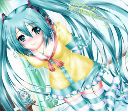 Rule 34 | 1girl, aqua eyes, aqua hair, arms behind back, breasts, cleavage, frilled skirt, frills, hatsune miku, jewelry, kneeling, long hair, medium breasts, necklace, nohoho (kakikonchi), skirt, smile, solo, striped clothes, striped thighhighs, thighhighs, twintails, vocaloid