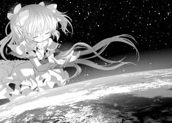 Rule 34 | 10s, 1girl, bow, closed eyes, dress, earth (planet), fuwa daisuke, gloves, greyscale, hair bow, highres, kaname madoka, long hair, magical girl, mahou shoujo madoka magica, mahou shoujo madoka magica (anime), monochrome, planet, ribbon, smile, solo, space, spoilers, twintails, two side up, ultimate madoka