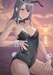 Rule 34 | 1girl, absurdres, animal ears, bare shoulders, black bow, black leotard, bow, breasts, chignon, cleavage, grey hair, highres, leotard, love live!, love live! sunshine!!, medium breasts, pink eyes, playboy bunny, rabbit ears, solo, sunset, tsushima yoshiko&#039;s mother