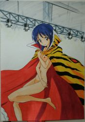 Rule 34 | 1girl, animal print, ashigaki radar, barefoot, black hair, brown eyes, cape, collarbone, covering privates, covering breasts, highres, leg up, long hair, looking at viewer, naked cape, navel, nipples, orange cape, print cape, smile, stage lights, standing, striped, striped cape, takaoka haruna, tiger mask (series), tiger mask w, tiger print