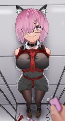 Rule 34 | 1girl, absurdres, animal ears, arms behind back, bdsm, black collar, black dress, black pantyhose, bondage, bound, bound arms, bound legs, bralines, breast bondage, collar, crotch rope, dress, fake animal ears, fate/grand order, fate (series), glasses, hair over one eye, harris hero, highres, hitachi magic wand, indoors, mash kyrielight, necktie, panties, panties under pantyhose, pantyhose, purple eyes, purple hair, red rope, remote control, remote control vibrator, rope, sex toy, shibari, shibari over clothes, short hair, solo focus, standing, underwear, vibrator, white panties, wireless sex toy controller