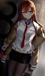 Rule 34 | 1girl, absurdres, against wall, belt, belt buckle, black pantyhose, blush, bottle, breasts, brown jacket, buckle, closed mouth, collared shirt, cowboy shot, dr pepper, hair between eyes, hand on own hip, highres, holding, holding bottle, jacket, long hair, makise kurisu, medium breasts, necktie, off shoulder, pantyhose, purple eyes, red hair, red necktie, shirt, shorts, solo, steins;gate, straight hair, toukan, white shirt