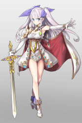 Rule 34 | 1girl, blue eyes, blue ribbon, boots, breasts, cape, center frills, cleavage, collarbone, commentary request, dress, elbow gloves, frills, full body, gloves, grey background, hair between eyes, hair ribbon, high heel boots, high heels, highres, holding, holding sword, holding weapon, long hair, medium breasts, multicolored cape, multicolored clothes, original, outstretched arm, red cape, ribbon, short dress, silver hair, sleeveless, sleeveless dress, solo, standing, sword, two side up, tyone, virtual youtuber, weapon, white cape, white dress, white footwear, white gloves