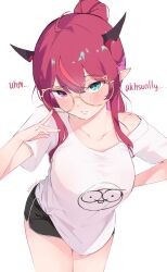 Rule 34 | 1girl, absurdres, adjusting eyewear, bespectacled, black shorts, blue eyes, blush, breasts, collarbone, glasses, halo, heterochromia, highres, hololive, hololive english, horns, irys (hololive), large breasts, long hair, looking at viewer, multicolored hair, namiorii, open mouth, pink eyes, pointy ears, ponytail, purple eyes, purple hair, red hair, round eyewear, semi-transparent, shirt, short sleeves, shorts, simple background, solo, streaked hair, t-shirt, thighs, twitter username, very long hair, virtual youtuber, white background, white shirt