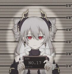 Rule 34 | 1girl, absurdres, barbie (franchise), barbie (live action), barbie mugshot (meme), bare shoulders, black headwear, character name, closed mouth, commentary, drill hair, earrings, english commentary, grey hair, height chart, height mark, highres, honkai (series), honkai impact 3rd, jewelry, looking at viewer, medium hair, meme, mugshot, prometheus (honkai impact), red eyes, selunatic iv, solo, twitter username
