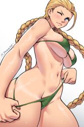 Rule 34 | 1girl, adjusting clothes, adjusting swimsuit, artist name, bare shoulders, bikini, blue eyes, braid, breasts, cammy white, closed mouth, cowboy shot, dracksart, gradient background, green bikini, grey background, highres, large breasts, long hair, micro bikini, one eye closed, shiny skin, smile, solo, standing, street fighter, sweat, swimsuit, tan, tanline, twin braids, underboob, white background, wink