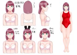 Rule 34 | 1girl, absurdres, animal ears, bad id, bad twitter id, barefoot, bra, breasts, commentary request, fake animal ears, full body, green eyes, highres, looking at viewer, medium breasts, multiple views, ojipon, one-piece swimsuit, original, profile, purple hair, rabbit ears, red one-piece swimsuit, short hair, simple background, standing, striped clothes, striped one-piece swimsuit, swimsuit, translation request, twintails, underwear, upper body, white background, white bra
