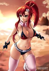 Rule 34 | 1girl, artist name, bare shoulders, belt, bikini, bikini top only, black shorts, boots, breasts, cleavage, cloud, commentary, cowboy shot, dusk, elbow gloves, fingerless gloves, flame print, gloves, groin, hair between eyes, hair ornament, hair stick, highres, large breasts, leonart, long hair, looking to the side, micro shorts, midriff, navel, orange sky, outdoors, parted lips, pink thighhighs, ponytail, red hair, scarf, short shorts, shorts, sidelocks, single elbow glove, skindentation, skull hair ornament, sky, solo, standing, standing on one leg, studded belt, swimsuit, tengen toppa gurren lagann, thighhighs, white footwear, yellow eyes, yoko littner