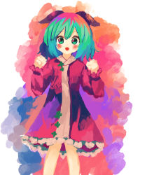 Rule 34 | 1girl, :d, animal ears, blush, child, clenched hands, commentary request, cowboy shot, dog ears, ears down, hands up, kasodani kyouko, long sleeves, looking at viewer, multicolored background, multicolored hair, open mouth, puffy long sleeves, puffy sleeves, puroshimin, short hair, smile, touhou