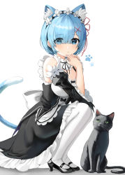 Rule 34 | 1girl, absurdres, animal, animal ear fluff, bare shoulders, black dress, black footwear, black ribbon, black sleeves, blue eyes, blue hair, blush, bow, breasts, cat, cat tail, cleavage, commentary, detached sleeves, dress, eyes visible through hair, flower knot, frilled dress, frills, from side, hair ornament, hair over one eye, hair ribbon, hands up, high heels, highres, juliet sleeves, kemonomimi mode, large bow, large breasts, long sleeves, looking at viewer, maid, maid headdress, medium breasts, neck ribbon, pantyhose, paw print, paw print background, puffy sleeves, re:zero kara hajimeru isekai seikatsu, rem (re:zero), ribbon, roswaal mansion maid uniform, short hair, smile, solo, squatting, tail, white bow, white pantyhose, x hair ornament, zipgaemi