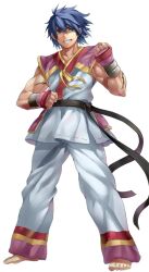 1boy barefoot blue_hair clenched_hands dougi full_body grey_eyes grin hair_between_eyes large_variant_set looking_at_viewer male_focus multicolored_pants multicolored_shirt muscular muscular_male official_art pants purple_pants purple_shirt ragnarok:_guild_masters ragnarok_online scar scar_on_arm senri_gan shirt short_hair simple_background sleeveless sleeveless_shirt smile solo standing star_gladiator_(ragnarok_online) transparent_background v-shaped_eyebrows variant_set white_pants white_shirt wrist_guards