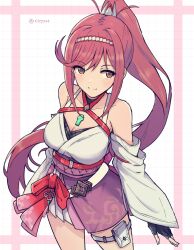 Rule 34 | 1girl, bare shoulders, breasts, chest jewel, cleavage, core crystal (xenoblade), criss-cross halter, detached sleeves, fingerless gloves, glimmer (xenoblade), gloves, halterneck, high ponytail, highres, japanese clothes, kimono, large breasts, long hair, looking at viewer, mochimochi (xseynao), obi, ponytail, red hair, sash, smile, solo, swept bangs, thigh strap, thighs, white kimono, wide sleeves, xenoblade chronicles (series), xenoblade chronicles 3, xenoblade chronicles 3: future redeemed