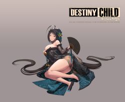 Rule 34 | 1girl, ahoge, all fours, bare shoulders, bari (destiny child), black dress, black hair, breasts, copyright name, destiny child, detached sleeves, dress, full body, hair ornament, hand fan, highres, holding, holding fan, korean text, large breasts, logo, long hair, looking at viewer, mole, mole under mouth, official art, shoe soles, smile, solo, strapless, strapless dress, very long hair, yellow eyes, zig90