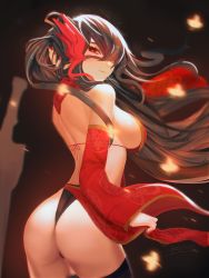 Rule 34 | 1girl, ass, bare shoulders, black background, black hair, black thighhighs, bra, breasts, closed mouth, detached sleeves, hair over one eye, hand up, highres, long hair, looking at viewer, looking back, medium breasts, nail polish, original, red bra, red eyes, red nails, sideboob, smile, solo, thighhighs, thong, tianlluo, underwear, wide sleeves, wind