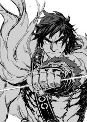 Rule 34 | 1boy, abs, chest harness, fate/grand order, fate (series), feather boa, frown, greyscale, harness, looking at viewer, male focus, messy hair, monochrome, muscular, muscular male, serious, short hair, sketch, solo, stomach, super orion (fate), takuan (takuanlunch), thick eyebrows, upper body, white background