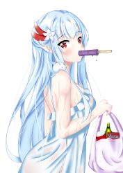 Rule 34 | 1girl, absurdres, bag, bare shoulders, blue hair, chiyo setsuna, commentary request, dress, drink, dripping, food, food in mouth, grey hair, grocery bag, hair ornament, highres, indie virtual youtuber, long hair, looking at viewer, partial commentary, plastic bag, pointy ears, popsicle, popsicle in mouth, red eyes, shopping bag, sidelocks, simple background, snack, sweat, sweaty clothes, turning head, virtual youtuber, wet, wet clothes, white background, white hair, yumesaki yumeno