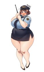 Rule 34 | 1girl, artist name, bare legs, belt, big belly, black footwear, blush, breasts, brown hair, dasan242, fat, female focus, hair bun, hat, heels, highres, large breasts, looking at viewer, necktie, open mouth, police, police hat, police uniform, policewoman, purple eyes, short hair, simple background, single hair bun, skirt, solo, standing, thick thighs, thighs, uniform, white background, wide hips