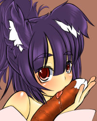 Rule 34 | 1girl, animal ears, blush, brown background, harry (taka aselia), highres, licking, original, ponytail, purple hair, red eyes, saliva, sexually suggestive, shiny skin, simple background, solo, tongue, tongue out