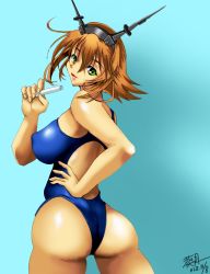 Rule 34 | 10s, 1girl, aoitsuki, ass, bare shoulders, breasts, brown hair, from behind, green eyes, headgear, huge ass, kantai collection, large breasts, mutsu (kancolle), one-piece swimsuit, shiny clothes, shiny skin, short hair, sideboob, smile, solo, swimsuit