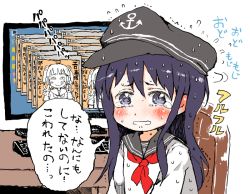 Rule 34 | 10s, 1girl, :d, ahoge, akatsuki (kancolle), anchor symbol, blue eyes, blue hair, blunt bangs, blush, chair, commentary request, computer, crying, crying with eyes open, desk, double bun, double v, fidgeting, gloves, gomennasai, hair bun, hat, kantai collection, keyboard (computer), meme, monitor, naka (kancolle), neckerchief, open mouth, purple eyes, purple hair, red neckerchief, school uniform, serafuku, sitting, smile, sweat, tears, too bad! it was just me! (meme), translation request, v, wavy mouth, window (computing)