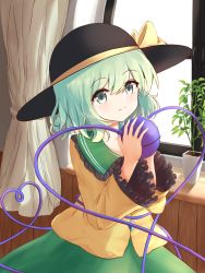 Rule 34 | 1girl, absurdres, black headwear, blush, bow, closed mouth, curtains, frilled shirt collar, frilled sleeves, frills, green eyes, green hair, green skirt, hair between eyes, hat, heart, heart of string, highres, holding, indoors, komeiji koishi, looking at viewer, medium hair, nakit, plant, potted plant, shirt, skirt, smile, standing, touhou, window, yellow shirt