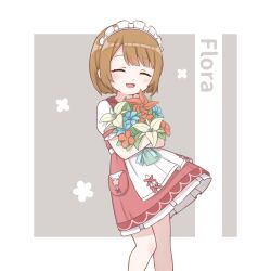 Rule 34 | 1girl, :d, apron, blue flower, blunt bangs, blush, brown hair, cecilia flower (genshin impact), character name, closed eyes, commentary request, cross-laced clothes, dress, eyelashes, flora (genshin impact), flower, flower (symbol), frills, genshin impact, grey background, happy, highres, holding, holding flower, maid headdress, open mouth, orange flower, parted bangs, pink dress, pleated dress, pocket, puffy short sleeves, puffy sleeves, short hair, short sleeves, simple background, smile, softrabbit, solo, standing, two-tone background, waist apron, white apron, white background, white dress, white flower, windwheel aster (genshin impact)
