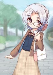 Rule 34 | 1girl, absurdres, bag, blush, bow, brown jacket, brown skirt, closed mouth, collared shirt, commentary request, day, dress shirt, glasses, highres, hirato (kancolle), ichi (ichi.colors), jacket, kantai collection, long sleeves, looking at viewer, open clothes, open jacket, outdoors, parted bangs, red bow, red eyes, shirt, shoulder bag, silver hair, skirt, smile, solo, standing, striped, striped bow, sweater vest, tree, white shirt