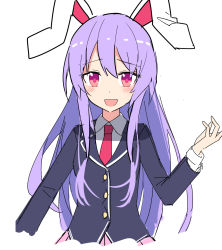 Rule 34 | 1girl, animal ears, black jacket, blazer, blush, buttons, collared shirt, e.o., hair between eyes, highres, jacket, light purple hair, long hair, long sleeves, necktie, open mouth, rabbit ears, red eyes, red necktie, reisen udongein inaba, shirt, simple background, smile, solo, touhou, upper body, white background, white shirt