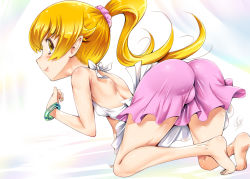 Rule 34 | 1girl, all fours, ass, bare legs, bare shoulders, barefoot, blonde hair, bracelet, breasts, dress, feet, jewelry, kneepits, long hair, long legs, looking back, monogatari (series), oshino shinobu, pink skirt, pointy ears, ponytail, profile, sideboob, skirt, small breasts, soles, solo, toes, usyuuri, yellow eyes