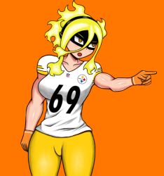 Rule 34 | 1girl, 69 (meme), absurdres, arm at side, artist request, boku no hero academia, breasts, burnin (boku no hero academia), clenched hands, collarbone, crazy eyes, curvy, eye mask, eyebrows visible through mask, female focus, fiery hair, fire, gloves, gradient hair, green fire, green hair, hair between eyes, hair ornament, hairband, head tilt, highres, index finger raised, kamiji moe, large breasts, long bangs, long hair, looking to the side, mask, multicolored hair, muscular arms, neck, open mouth, orange background, outstretched arm, pants, pointing, ponytail, rugby uniform, short sleeves, sidelocks, simple background, sportswear, standing, v-shaped eyebrows, wide hips, wide ponytail, yellow eyes