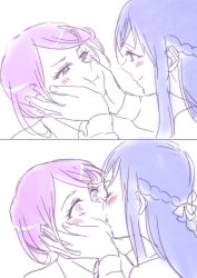 Rule 34 | 2girls, 2koma, bad id, blue hair, blush, braid, cheek squash, comic, couple, dokidoki! precure, eye contact, face grab, hands on another&#039;s cheeks, hands on another&#039;s face, hishikawa rikka, kenzaki makoto, kiss, long hair, looking at another, multiple girls, negom, precure, purple hair, short hair, silent comic, simple background, sketch, smile, surprise kiss, surprised, swept bangs, white background, yuri