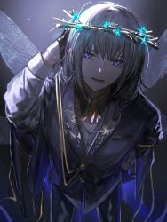 Rule 34 | 1boy, alternate costume, bishounen, black cloak, cloak, dragonfly wings, fate/grand order, fate (series), formal, hair branch, highres, leaning forward, looking at viewer, male focus, medium hair, miroku (butuzo33), oberon (third ascension) (fate), official alternate hair color, open mouth, solo, spoilers, suit, upper body