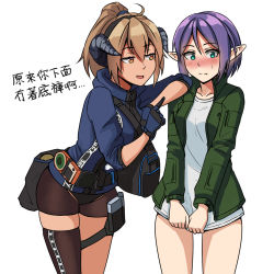 Rule 34 | 2girls, bag, bike shorts, black hairband, blue eyes, blue gloves, blue jacket, blush, breasts, brown eyes, brown hair, brown legwear, brown shorts, closed mouth, collarbone, curled horns, dress, dress tug, fang, gloves, green jacket, hair between eyes, hairband, high ponytail, highres, horns, index finger raised, jacket, leaning forward, long hair, long sleeves, multiple girls, ndtwofives, nose blush, open clothes, open jacket, original, parted lips, pointy ears, ponytail, purple hair, short dress, short shorts, shorts, shoulder bag, simple background, single thighhigh, small breasts, thighhighs, translation request, wavy mouth, white background, white dress