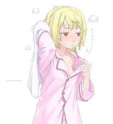 Rule 34 | 00s, 1girl, blonde hair, blush, drying, ebinera, face, freckles, hair down, idolmaster, idolmaster dearly stars, open clothes, open shirt, pajamas, panties, red eyes, shirt, short hair, solo, steam, striped clothes, striped panties, suzuki ayane, sweat, towel, underwear, wet