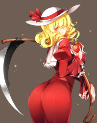 Rule 34 | 1girl, absurdres, apple, ass, blonde hair, breasts, curly hair, dress, drill hair, elly (touhou), food, fruit, grey background, hair over one eye, hat, hat ribbon, highres, huge ass, large breasts, looking at viewer, pointy ears, raptor7, red dress, ribbon, scythe, simple background, solo, touhou, touhou (pc-98), twin drills, white hat, yellow eyes
