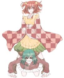 Rule 34 | 2girls, all fours, animal ears, apron, bad id, bad pixiv id, bell, boots, checkered clothes, checkered kimono, clothes writing, cross-laced footwear, female focus, gangnam style, green hair, grin, hair bell, hair ornament, japanese clothes, jingle bell, kasodani kyouko, kimono, lace-up boots, long sleeves, motoori kosuzu, multiple girls, parody, red eyes, red hair, sariteru, short hair, skirt, smile, sunglasses, touhou, two side up, unmoving pattern, wide sleeves