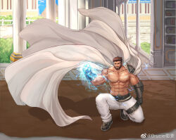 Rule 34 | 1boy, abs, aura, bara, beard, biceps, brown hair, cape, character request, check character, column lineup, commission, cross print, dungeon and fighter, energy fist, facial hair, floating cape, full body, kulolin, large pectorals, leg belt, male focus, male priest (dungeon and fighter), mature male, multicolored hair, muscular, muscular male, mustache, navel, nipples, on one knee, pants, pectorals, saint (dungeon and fighter), second-party source, shirt, short hair, shoulder tattoo, sidepec, sleeveless, solo, streaked hair, tattoo, thick thighs, thighs, tight clothes, tight shirt, topless male, white cape, white pants