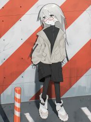 Rule 34 | 1girl, absurdres, against wall, ahoge, bandaid, bandaid on cheek, bandaid on face, black jacket, black pantyhose, black shorts, blush, brown coat, brown eyes, coat, crack, cracked wall, full body, glasses, grey hair, highres, jacket, leaning back, long hair, long sleeves, looking to the side, myomuron, off shoulder, original, pantyhose, pantyhose under shorts, parking garage, parted lips, partially unzipped, shadow, shoes, shorts, sneakers, solo, standing