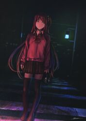 Rule 34 | 1girl, akabane youko, black skirt, black thighhighs, brown hair, closed mouth, collared shirt, commentary, crosswalk, fracoco, full body, glowing, glowing eyes, green eyes, hair ornament, hair scrunchie, highres, holding, holding shoes, loafers, long hair, long sleeves, necktie, night, nijisanji, no shoes, one side up, pink sweater, pleated skirt, red necktie, scrunchie, shirt, shoes, sidelocks, signature, skirt, solo, standing, sweater, thighhighs, traffic light, very long hair, virtual youtuber, white shirt, zettai ryouiki