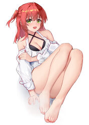 Rule 34 | 1girl, absurdres, barefoot, blush, bocchi the rock!, breasts, cleavage, feet, full body, green eyes, highres, kita ikuyo, liwen520, long hair, looking at viewer, medium breasts, open mouth, red hair, simple background, solo, toes, white background