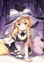 Rule 34 | 1girl, apron, arm support, bare shoulders, black bow, black bowtie, black hat, black skirt, black thighhighs, blonde hair, blush, bow, bowtie, braid, breasts, cleavage, commentary request, curtains, frilled apron, frills, hair bow, hat, hat bow, indoors, kirisame marisa, kneeling, long hair, looking at viewer, medium breasts, miniskirt, miyase mahiro, open mouth, petticoat, pillow, sidelocks, single braid, skirt, skirt hold, solo, star-shaped pillow, striped clothes, striped thighhighs, thighhighs, touhou, waist apron, white apron, white bow, white thighhighs, window, witch hat, wrist cuffs, yellow eyes